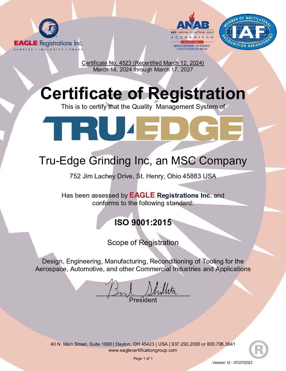 Tru-Edge Certificate of Registration